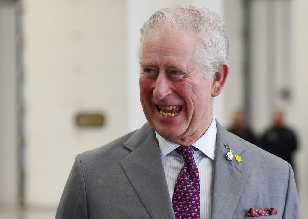 Prince Charles smiling, wearing a gray suit