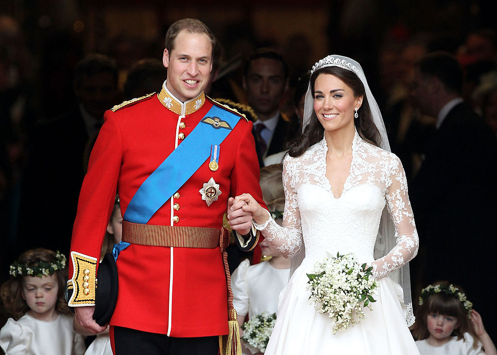 Prince William, Duke of Cambridge and Catherine, Duchess of Cambridge following their wedding ceremony on April 11, 2011