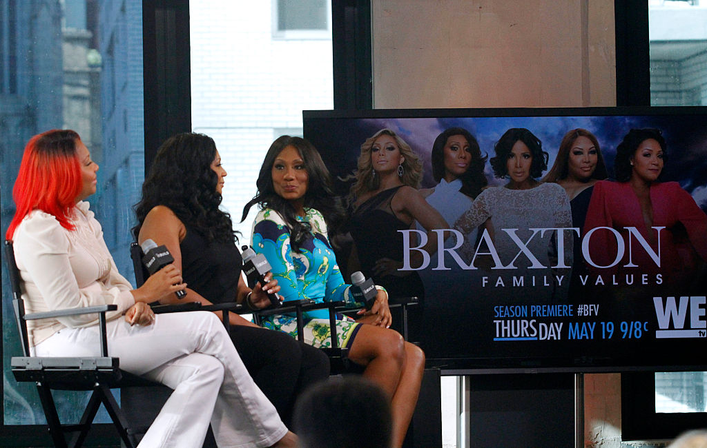Tracy Braxton, Trina Braxton, and Tawanda Braxton appear to discuss 'Braxton Family Values' in 2016