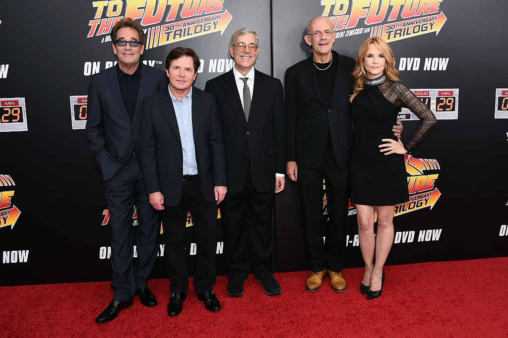 Huey Lewis, Michael J. Fox, Bob Gale, Christopher Lloyd, and Lea Thompson attend the Back to the Future reunion 