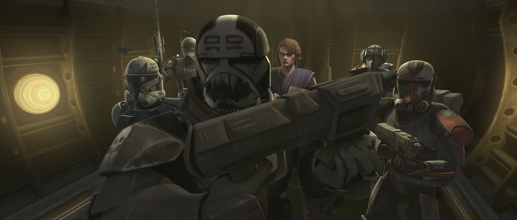 The Bad Batch, Rex, and Anakin as they infiltrate the Separatist compound on Skako Minor.