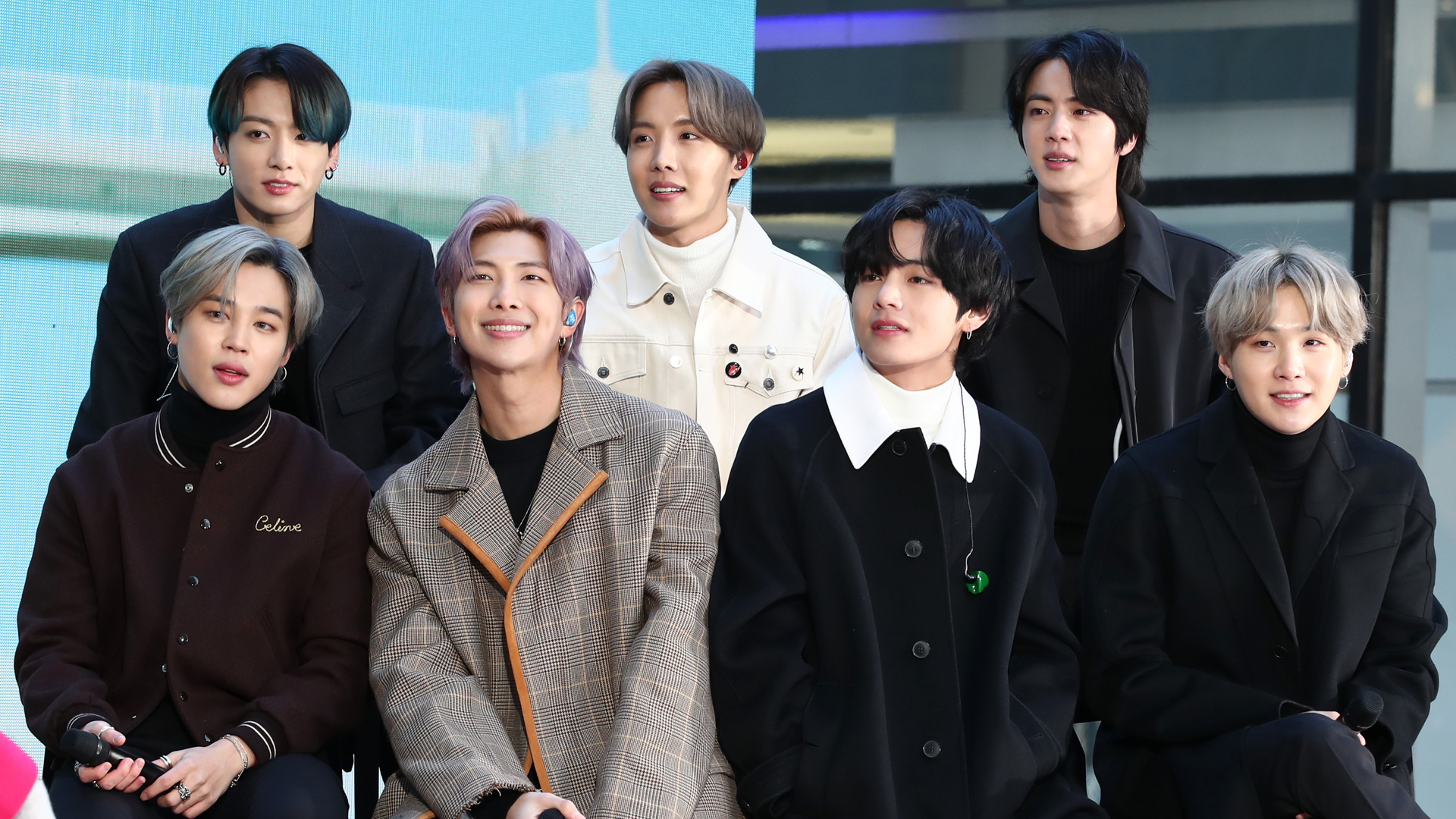 Jimin, Jungkook, RM, J-Hope, V, Jin, and SUGA of the K-pop boy band BTS visit the "Today" Show at Rockefeller Plaza on February 21, 2020 in New York City.