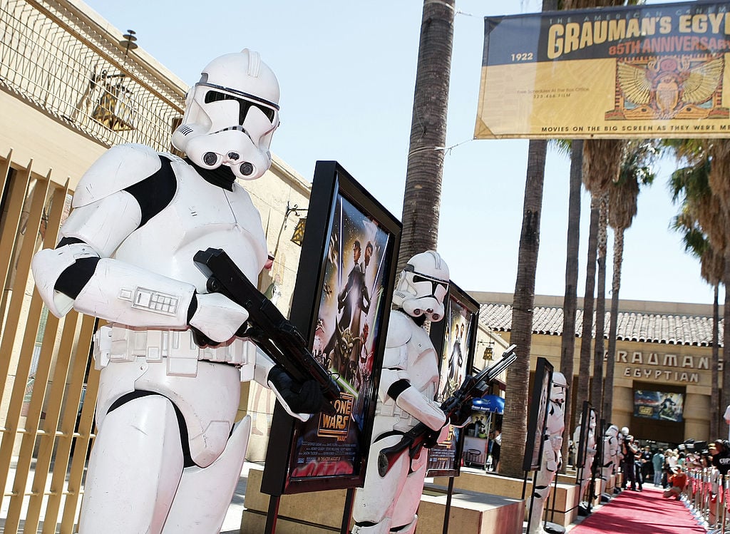 Clone troopers pose at the premiere of 'Star Wars: The Clone Wars' on August 10, 2008.