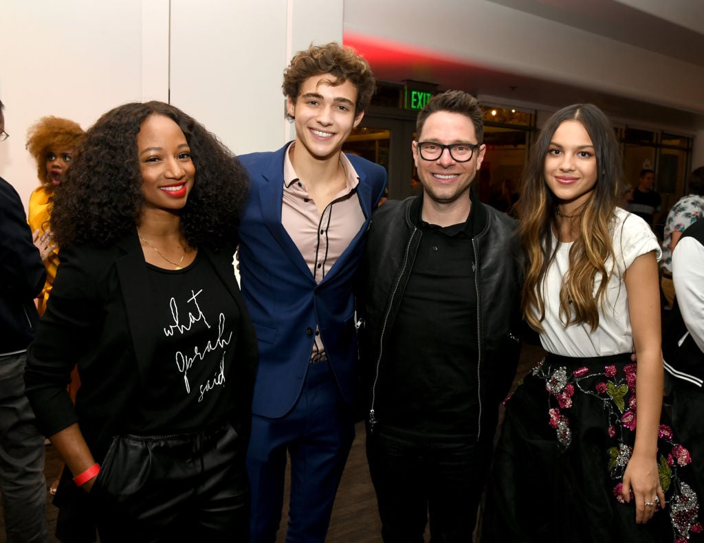 Monique Coleman, Joshua Bassett, Tim Federle, and Olivia Rodrigo pose at the after-party for the premiere of Disney+'s 'High School Musical: The Musical: The Series.'