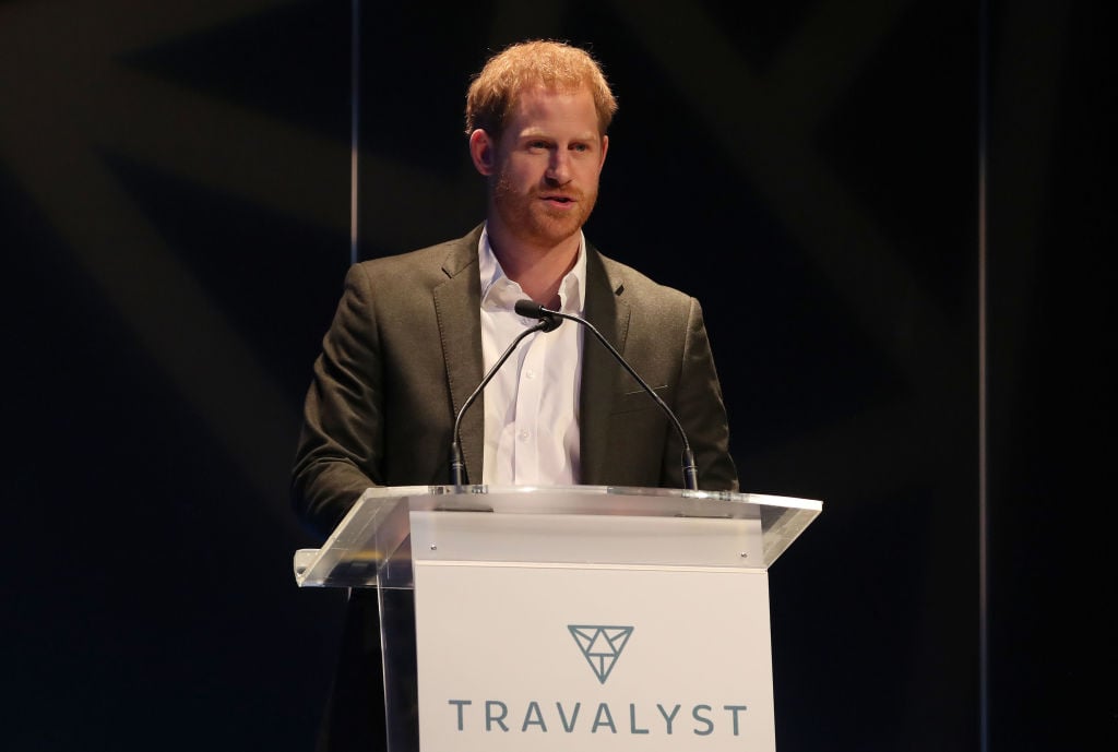 Prince Harry, Duke of Sussex speaks as he attends a sustainable tourism summit at the Edinburgh International Conference Centre