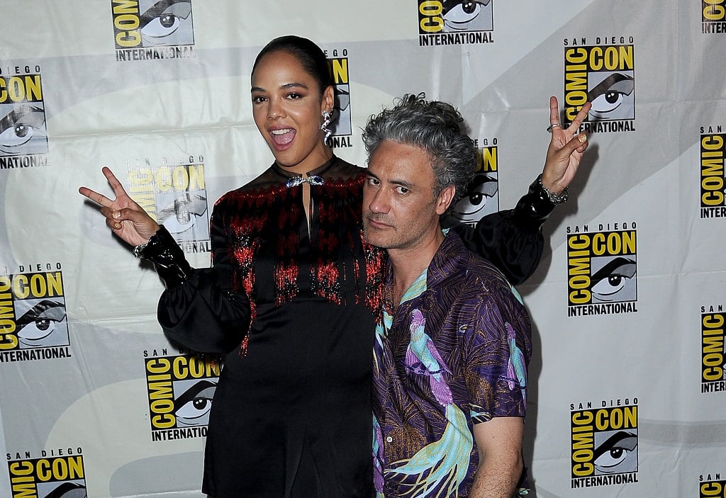 Tessa Thompson and Taika Waititi attend the Marvel Studios Panel during 2019 Comic-Con International 