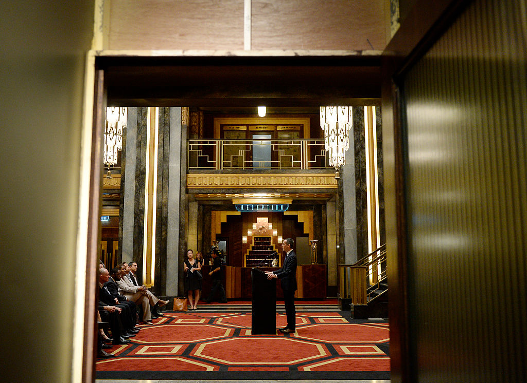 Los Angeles Mayor Eric Garcetti speaks during a news conference inside Hotel Cortez of "American Horror Story- Hotel" 