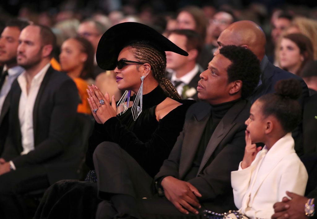 Recording artists Beyoncé, Jay-Z and daughter Blue Ivy Carter attend the 60th Annual GRAMMY Awards