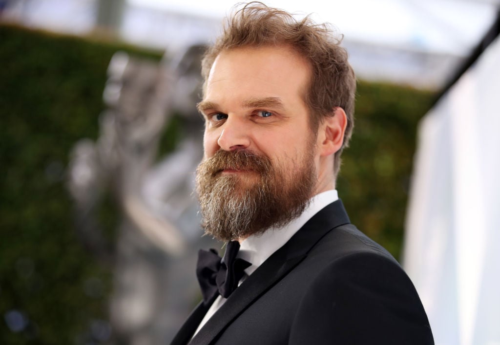 David Harbour looking at the camera to his side