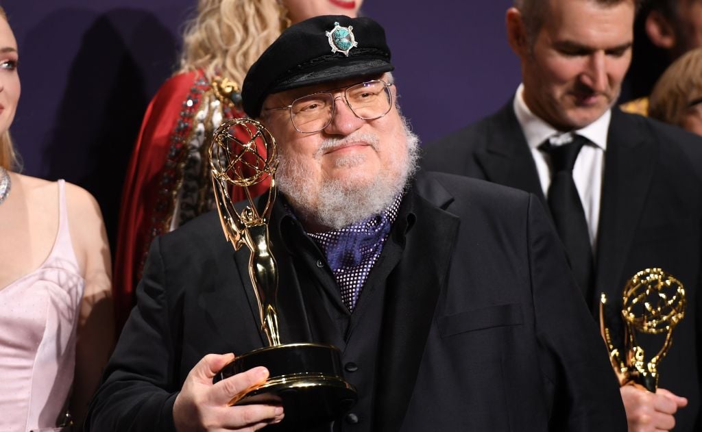 George R. R. Martin poses with the Emmy for Outstanding Drama Series "Game Of Thrones"