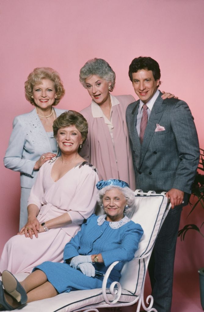 The original cast of 'The Golden Girls' included Charles Levin (far right) as Coco, along with (from left) Betty White as Rose; Rue McClanahan as Blanche, Bea Arthur as Dorothy, and Estelle Getty as Sophia, 1985