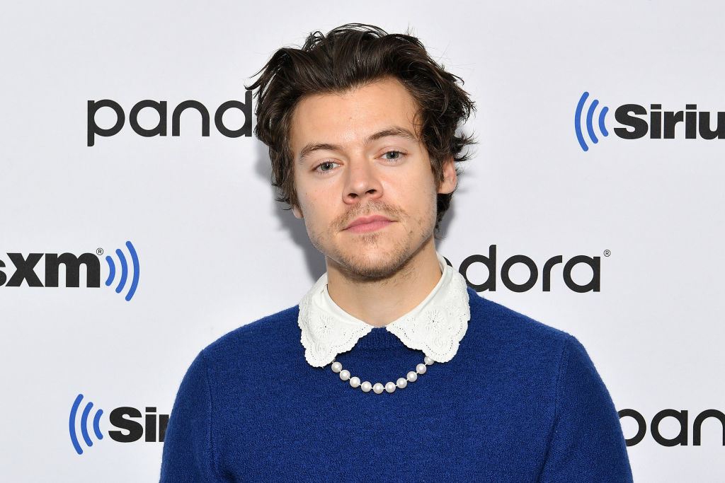 Harry Styles smiling in front of a repeating background in a blue sweater