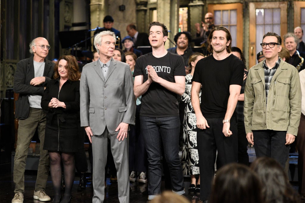 Larry David, Rachel Dratch, musical guest David Byrne, host John Mulaney, Jake Gyllenhaal, and Fred Armisen