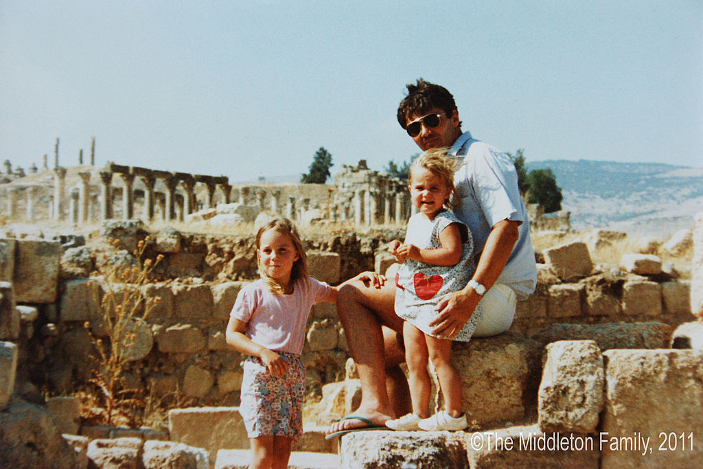 Kate Middleton with her sister, Pippa Middleton, and their father, Michael Middleton, in Jerash, Jordan