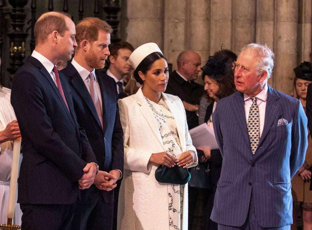 (L-R) Prince William, Prince Harry, Meghan Markle, and Prince Charles