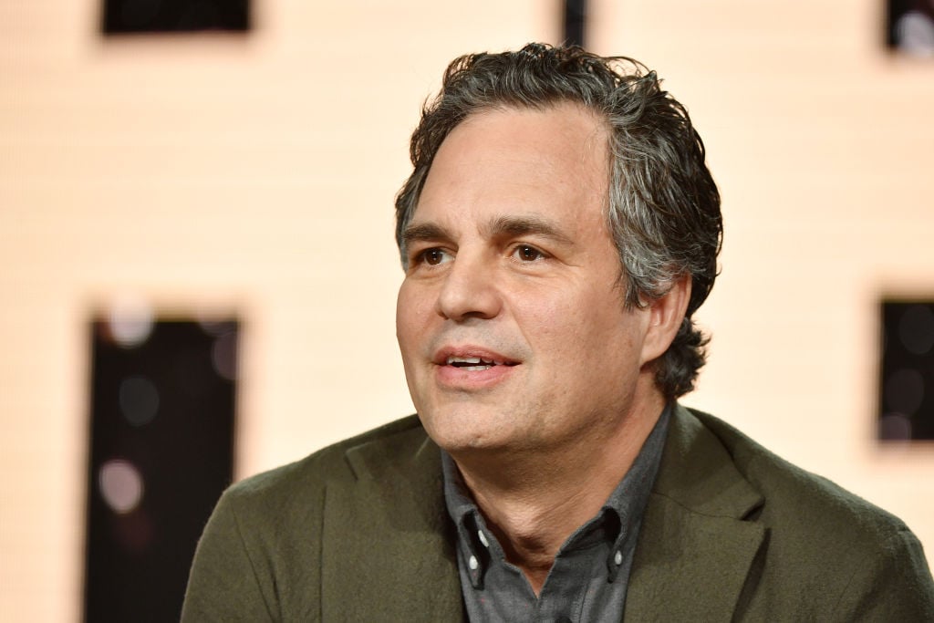 Mark Ruffalo in front of a repeating background