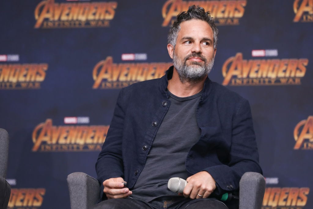 Mark Ruffalo in front of a repeating background