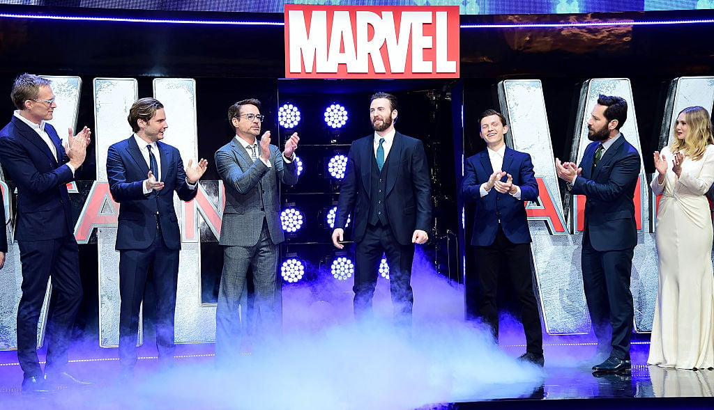 Paul Bettany, Daniel Bruhl, Robert Downey Jr, Chris Evans, Tom Holland, Paul Rudd, and Elizabeth Olsen of "Captain America: Civil War"
