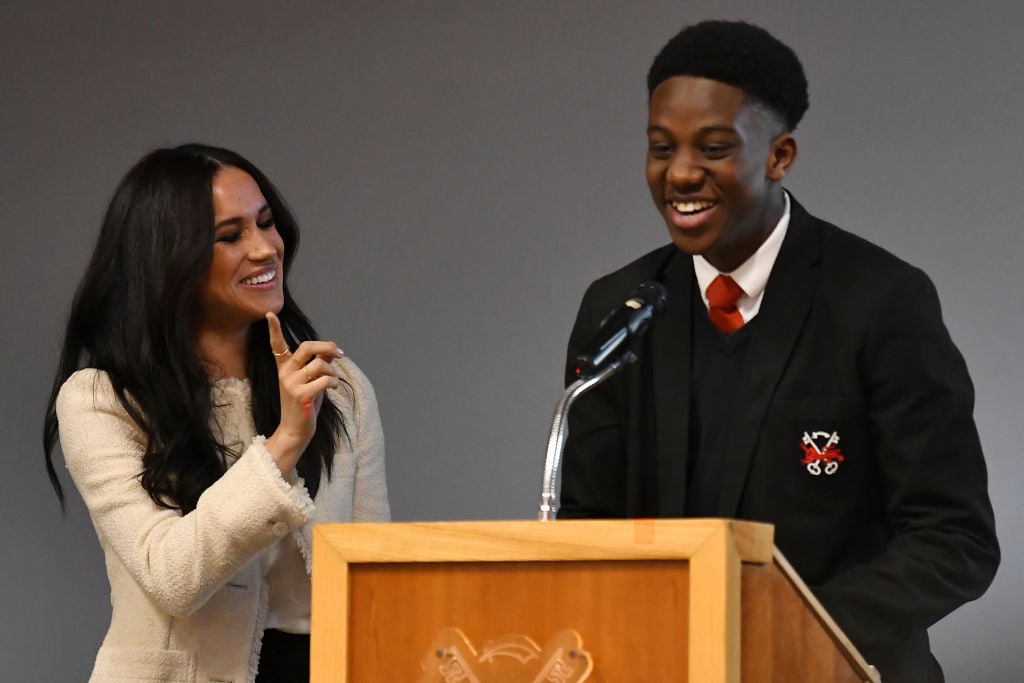 Meghan Markle and student Aker Okoye speaks during a special school assembly at the Robert Clack Upper School in Dagenham ahead of International Women’s Day