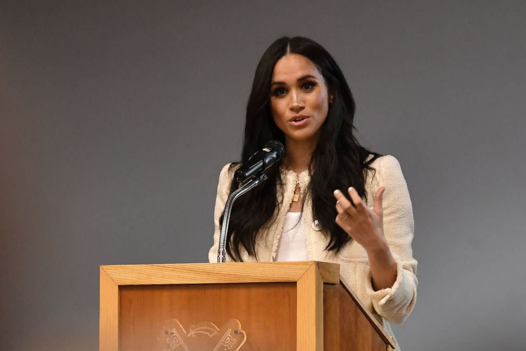 Meghan Markle speaks during a special school assembly at the Robert Clack Upper School in Dagenham ahead of International Women’s Day