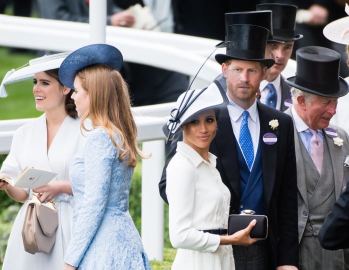 Pricess Eugenie, Princess Beatrice, Meghan Markle, Prince Harry, and Prince Charles