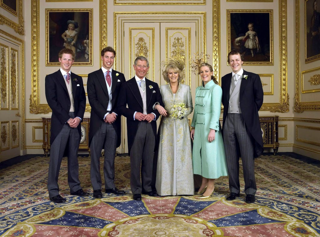 Charles, Prince of Wales with Camilla, Duchess of Cornwall, and their children (L-R) Prince Harry, Prince William, Laura Lopes and Tom Parker Bowles, on April 9 2005, following their wedding ceremony