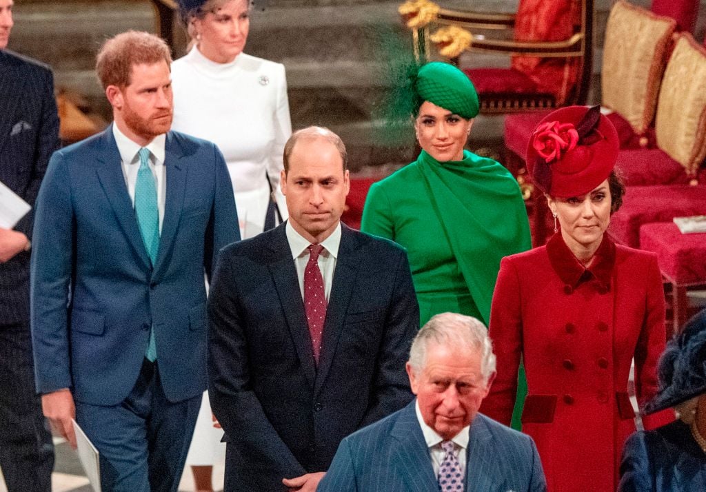 Prince Harry, Meghan, Duchess of Sussex, Prince William, and Catherine, Duchess of Cambridge as they depart Westminster Abbey after attending the annual Commonwealth Service in London