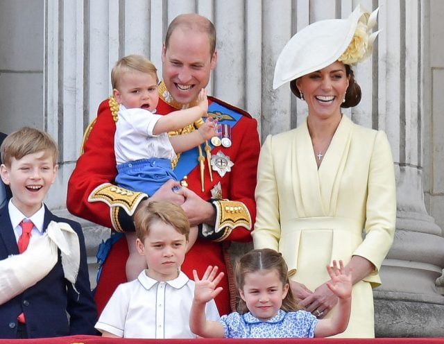 Prince William and Kate Middleton stand with their children Prince George, Princess Charlotte, and Prince Louis at Trooping the Colour on June 8, 2019