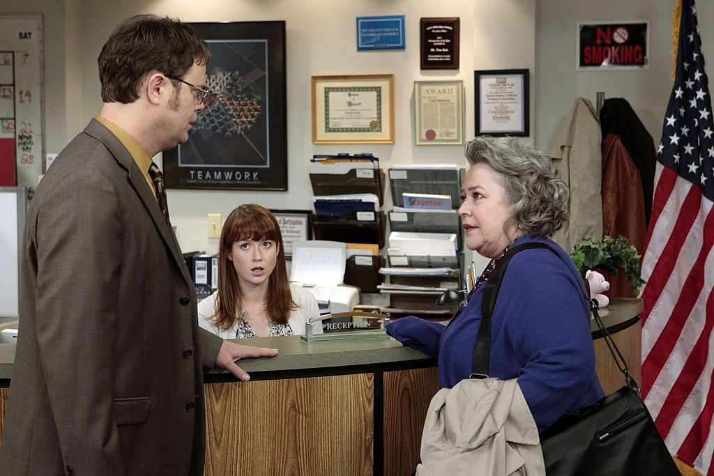 Rainn Wilson as Dwight Schrute, Ellie Kemper as Kelly Erin Hannon, Kathy Bates as Jo Bennett 