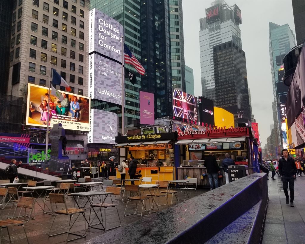 Street scene on a rainy day in Times Square