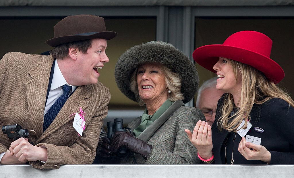 Tom Parker Bowles, Camilla Parker Bowles, and Laura Lopes attend Cheltenham Races Ladies Day on March 11, 2015