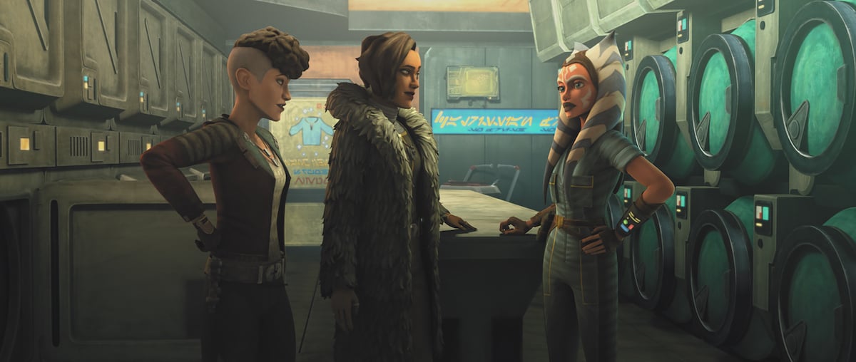 Trace, Rafa, and Ahsoka in the Martez's "laundromat" front in 'The Clone Wars.' 