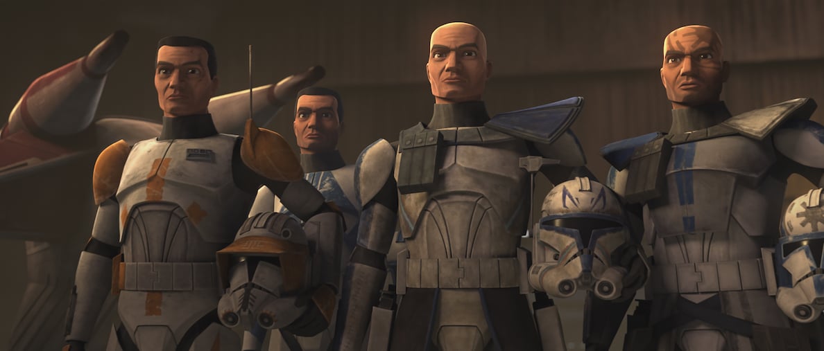 The different clones Dee Bradley voices in 'The Clone Wars' (Rex, Cody, etc.).