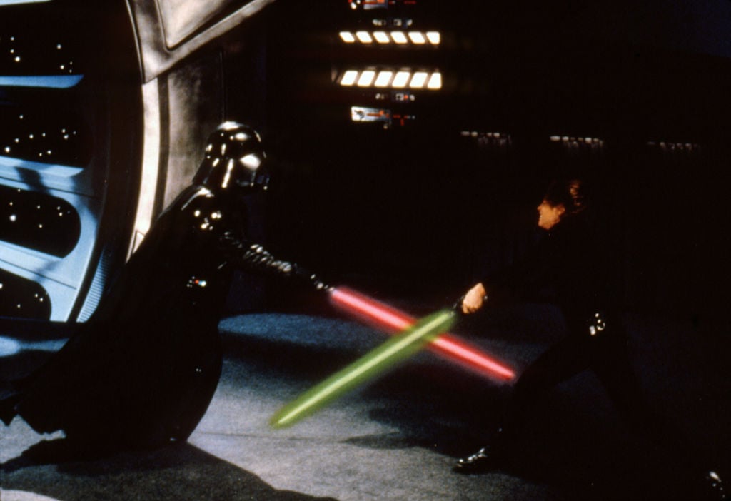 Darth Vader (David Prowse/James Earl Jones) and Luke Skywalker (Mark Hamill) fight in 'Star Wars: Episode VI - Return of the Jedi.' 