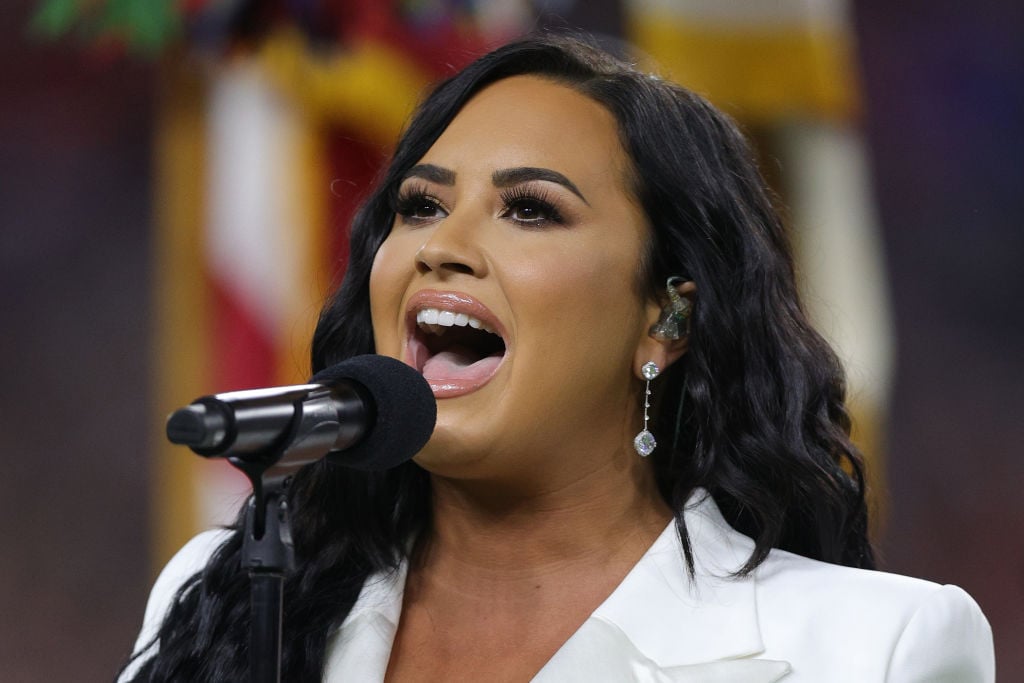 Singer Demi Lovato performs the national anthem prior to Super Bowl LIV on February 02, 2020 in Miami, Florida.