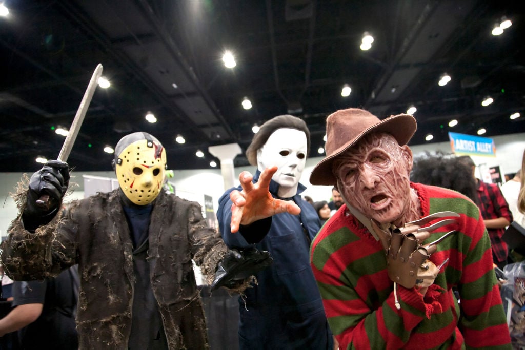 Jason Voorhees, Michael Myers, and Freddy Krueger cosplayers at the 2019 Los Angeles Comic Con.