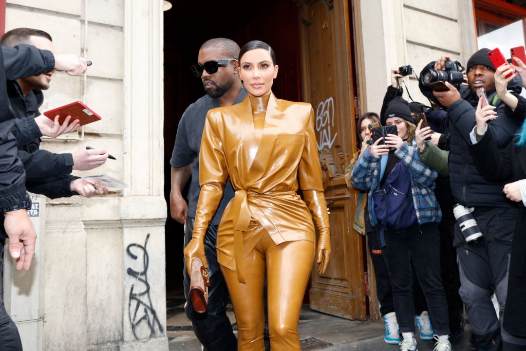 Kim Kardashian West and Kanye West at the Theatre des Bouffes du Nord to attend Kanye West's Sunday Service on March 01, 2020.