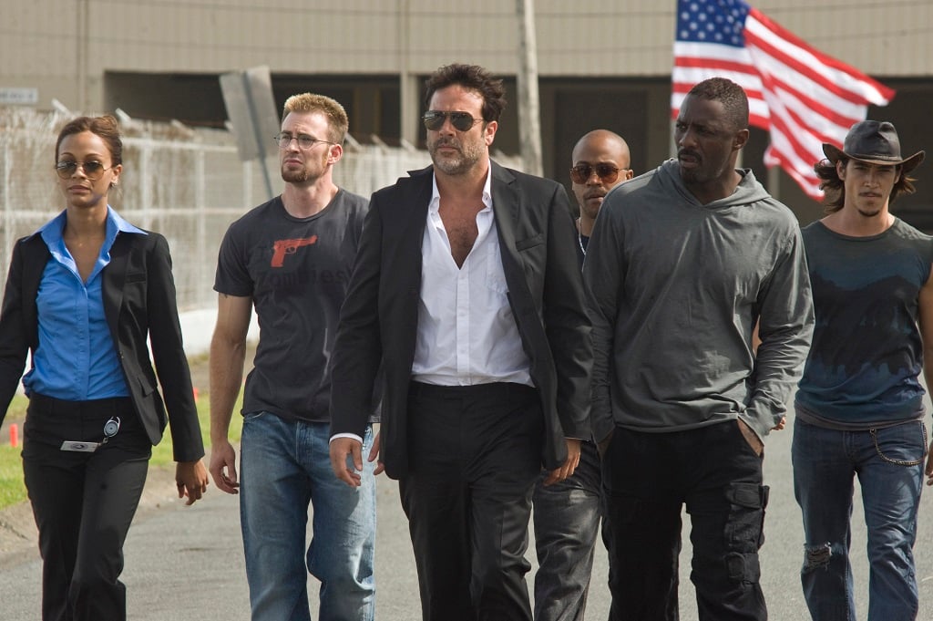 (L-R) Zoe Saldana, Chris Evans, Jeffrey Dean Morgan, Columbus Short, Idris Elba, and Óscar Jaenada in 'The Losers'