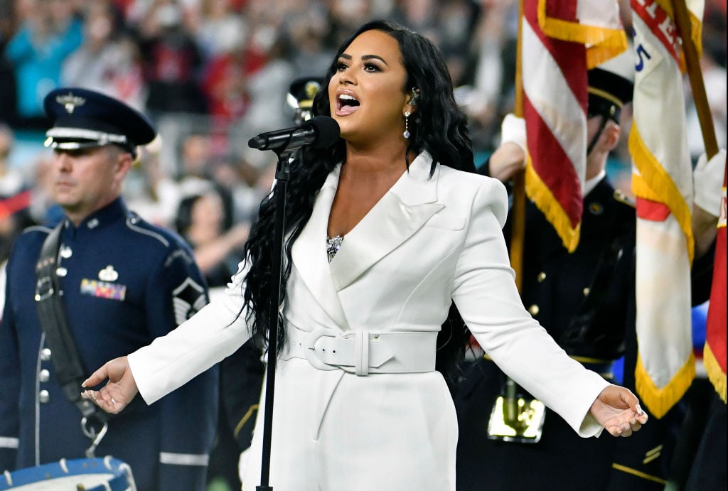 Demi Lovato performs the National Anthem prior to the start of Super Bowl LIV