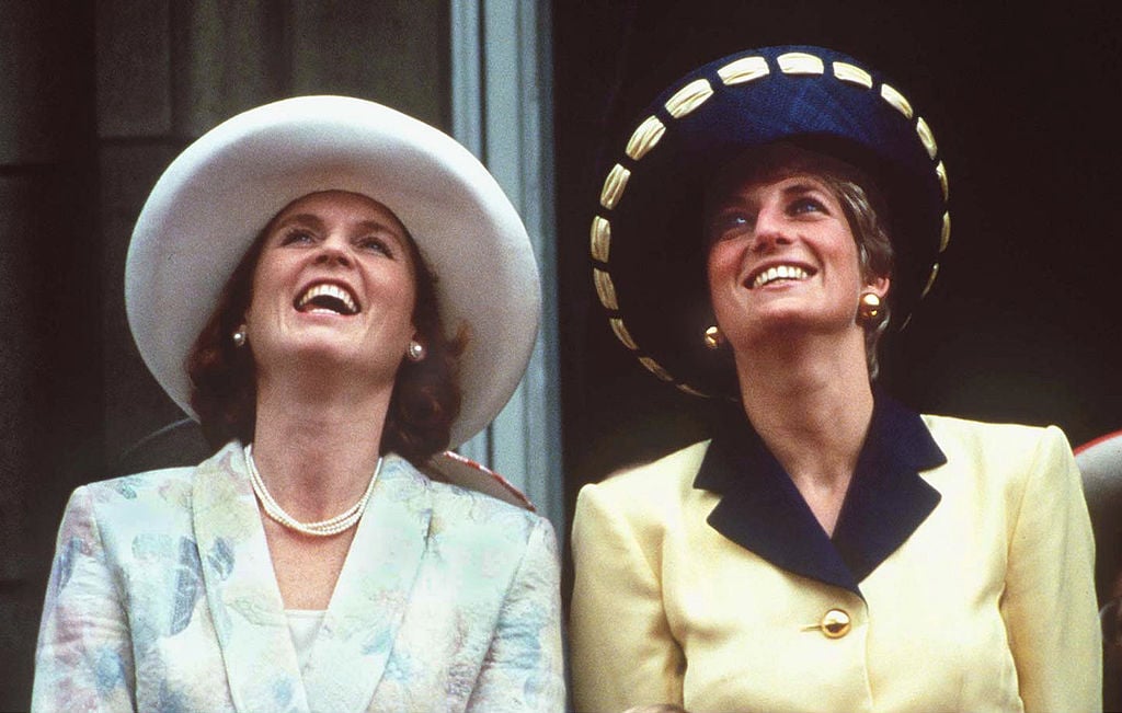 The Princess of Wales and the Duchess of York on the balcony of Buckingham Palace during the Trooping the Colour ceremony, June 1991. The Princess is wearing a Catherine Walker suit and Philip Somerville hat.