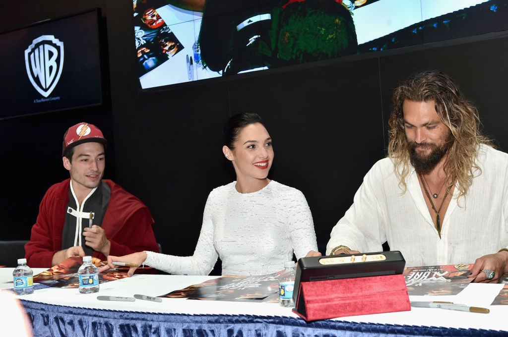 Ezra Miller, Gal Gadot, and Jason Momoa at San Diego Comic-Con