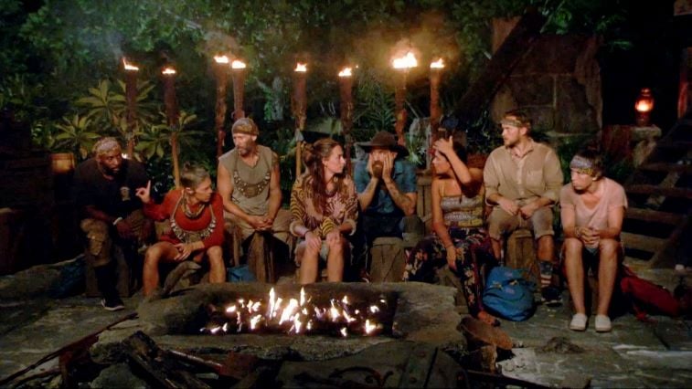 Kim Spradlin, Jeremy Collins, Denise Stapley, Tony Vlachos, Ben Driebergen, Michele Fitzgerald, Nick Wilson and Sarah Lacina at Tribal Council