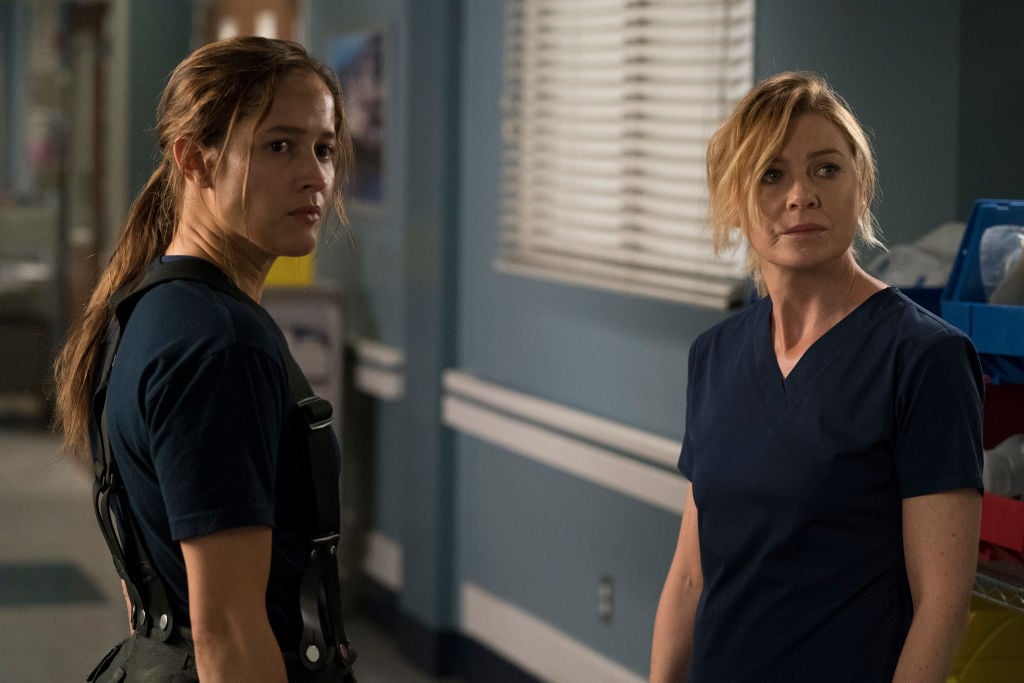 Jaina Lee Ortiz as Andy Herrera and Ellen Pompeo as Meredith Grey on the 'Grey's Anatomy' and 'Station 19' Crossover in 2017