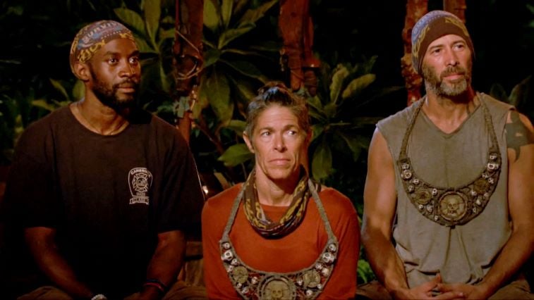 Jeremy Collins, Denise Stapley, and Tony Vlachos at Tribal Council on 'Survivor: Winners at War'