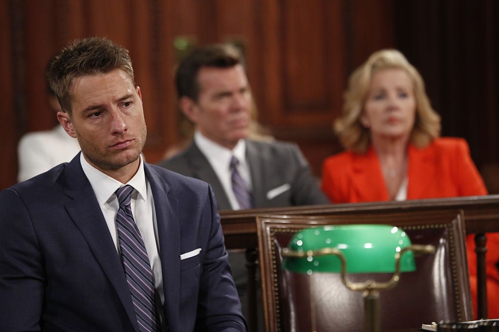 justin hartley in a court room, peter bergman melody thomas scott