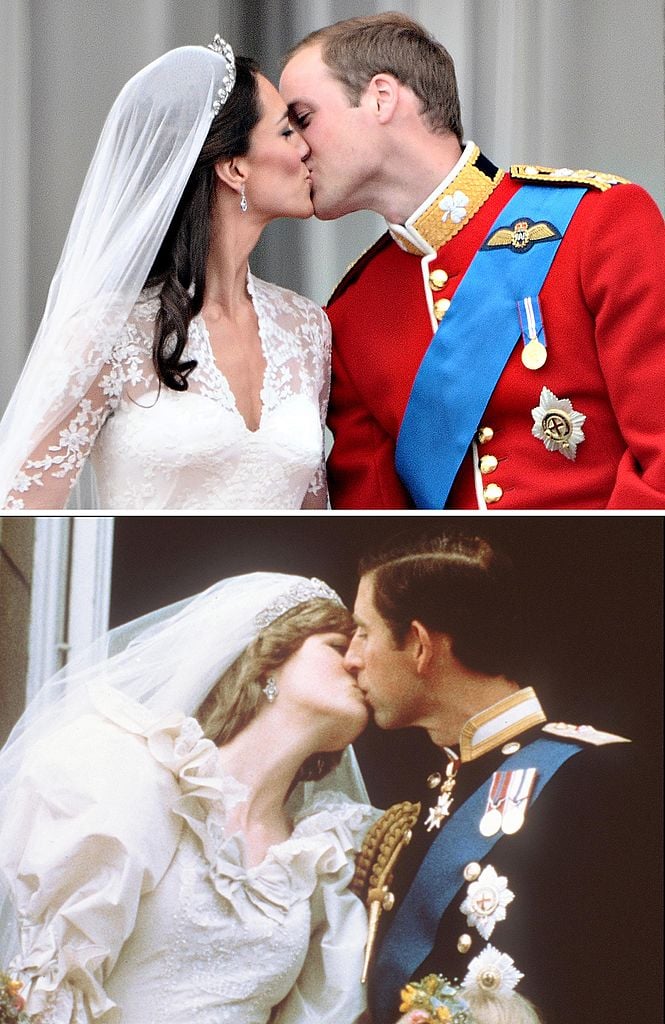 Kate Middleton and Prince William kiss, Princess Diana and Prince Charles kiss 