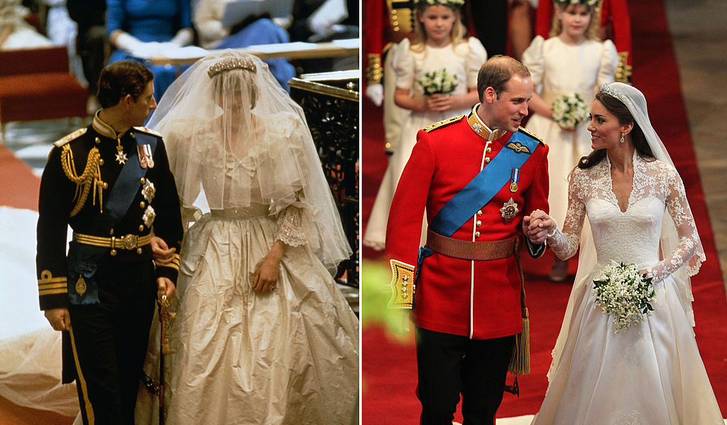 Prince Charles and Princess Diana exiting their royal wedding, Prince William and Kate Middleton exiting their royal wedding 