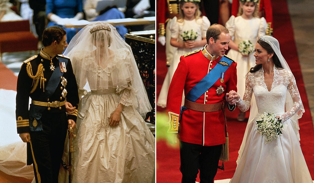 Prince Charles and Princess Diana exiting their royal wedding, Prince William and Kate Middleton exiting their royal wedding