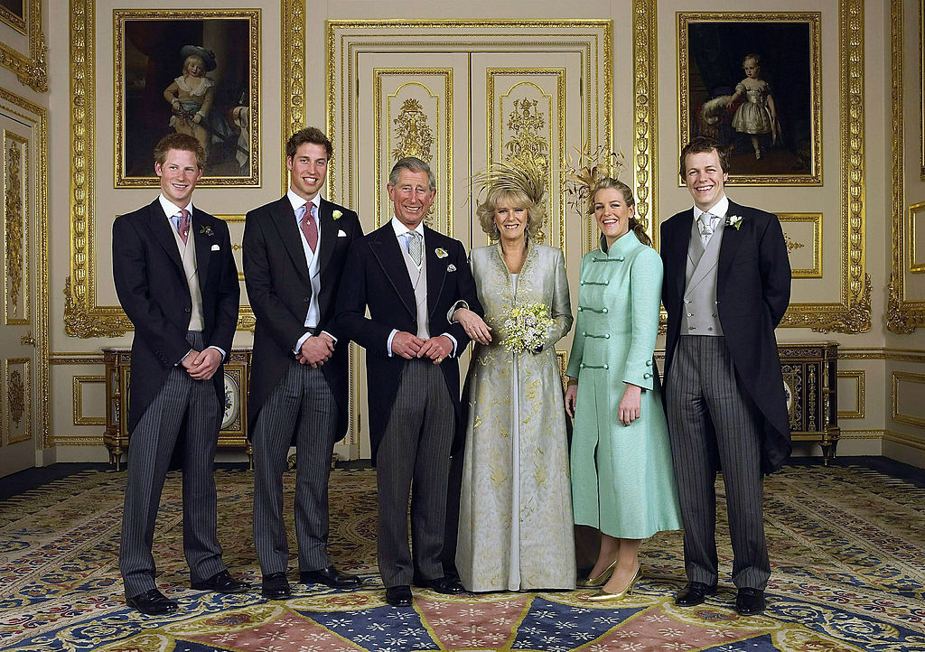 Prince Harry, Prince William, Prince Charles, Camilla Parker Bowles, Laura Lopes, and Tom Parker Bowles pose for wedding portraits on April 9, 2005