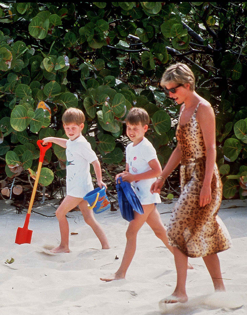 Prince Harry, Prince William, and Princess Diana walk on a beach